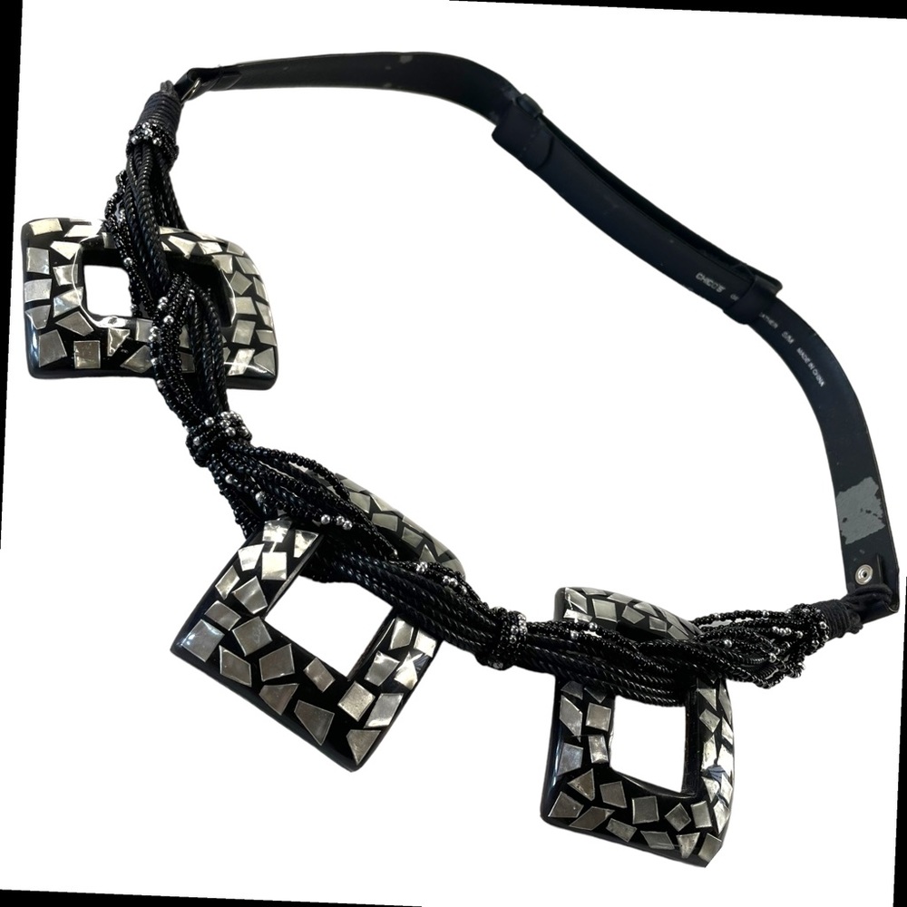 Chico's Black Leather Adjustable Belt w/ Beads & Mother of Pearl Like Inlay S/M - Picture 3 of 11